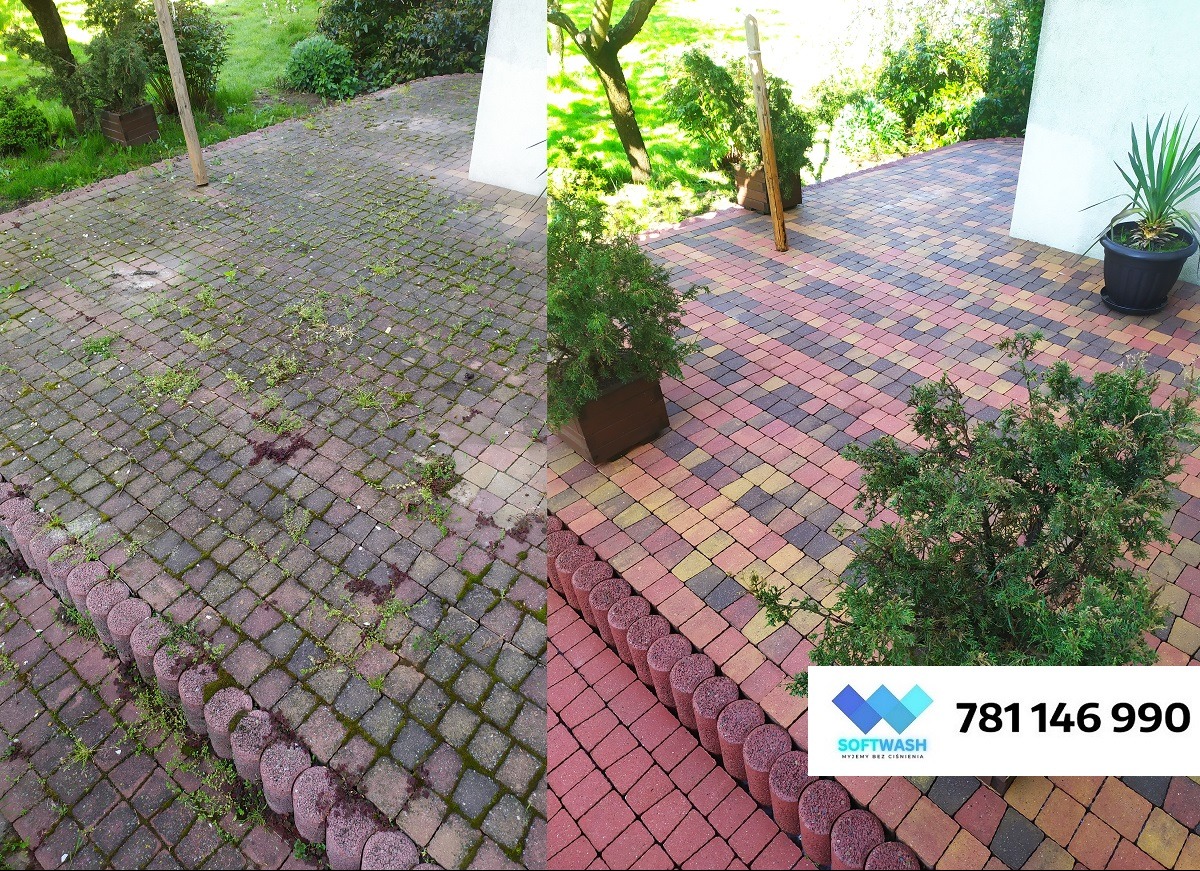 Porównanie stanu kostki brukowej przed i po czyszczeniu: po lewej stronie zabrudzona i porośnięta mchem, po prawej czysta, z widocznymi kolorami. W prawym dolnym rogu widoczne logo firmy Softwash...