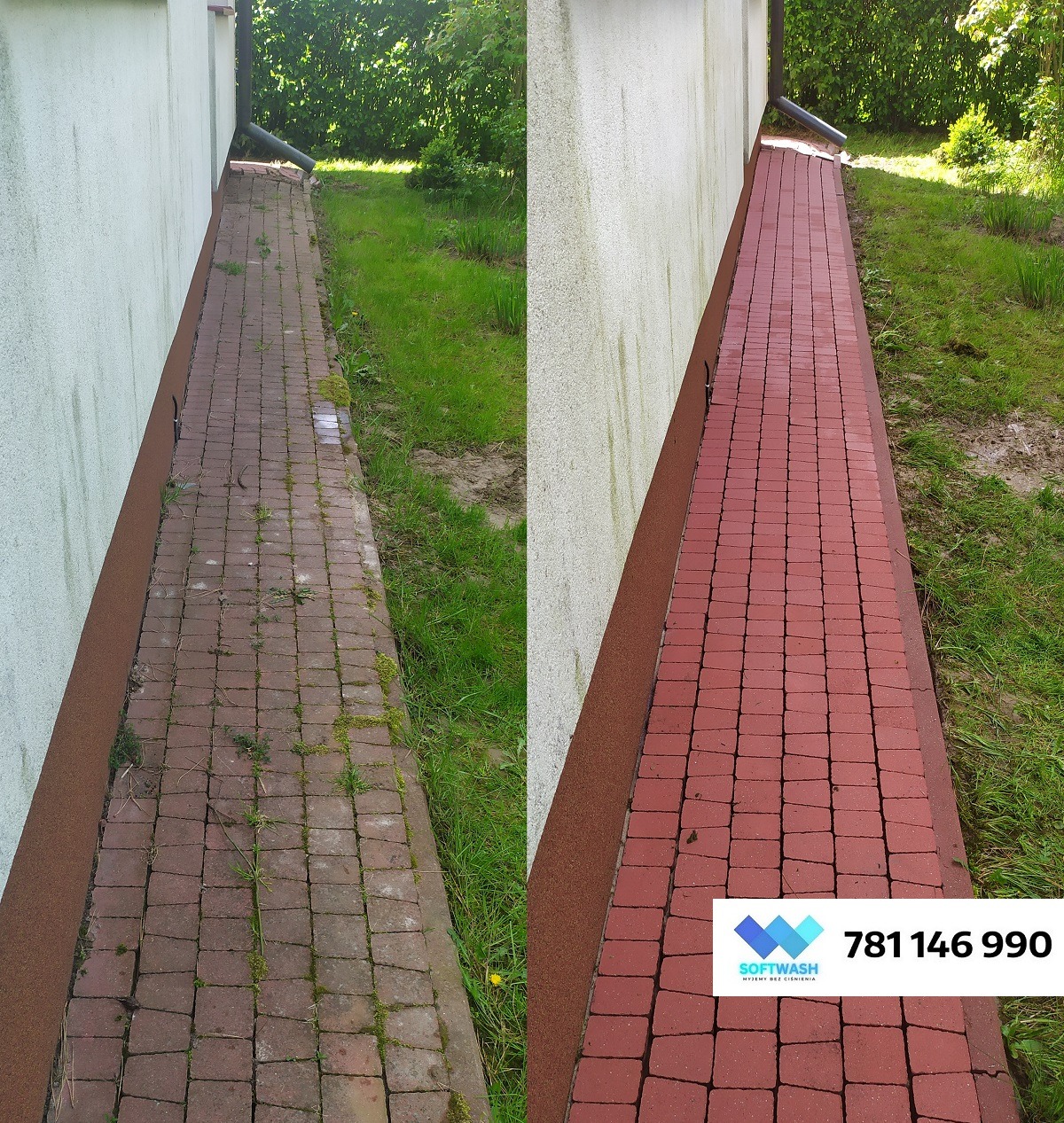 Porównanie przed i po myciu kostki brukowej przy ścianie budynku, widoczne efekty czyszczenia, zieleń w tle, logo firmy z numerem telefonu w prawym dolnym rogu.