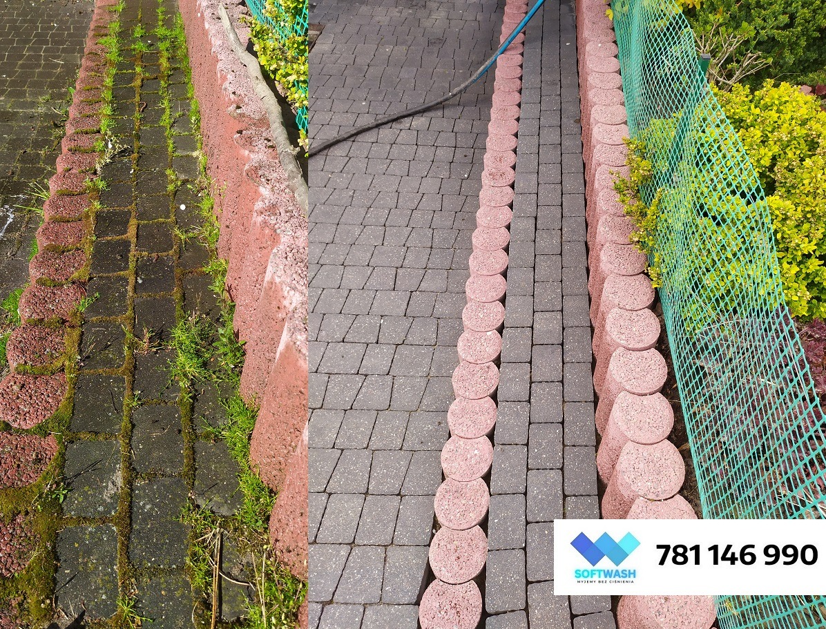 Porównanie kostki brukowej przed i po czyszczeniu: po lewej zaniedbana, porośnięta mchem i trawą, po prawej świeżo umyta, ukazująca naturalny kolor kamienia, z widocznym wężem ciśnieniowym i logo...