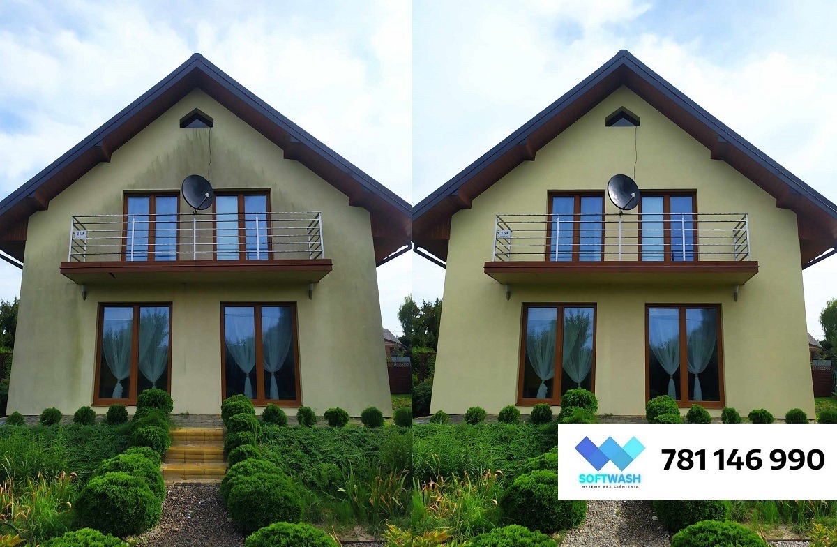 Porównanie elewacji domu przed i po czyszczeniu, widoczna wyraźna różnica w kolorze i czystości, satelita na ścianie.