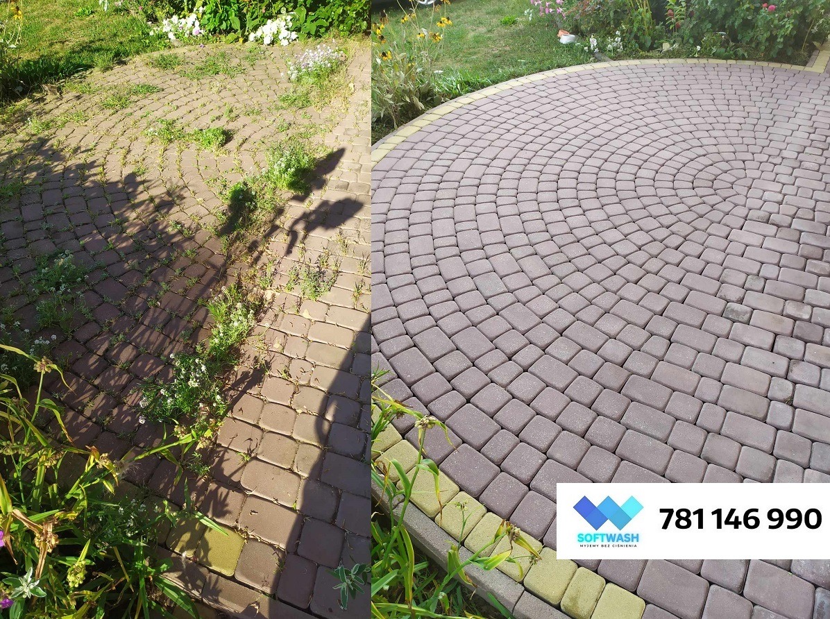Okrągły plac z kostki brukowej, widok przed i po czyszczeniu, po lewej stronie zarośnięty chwastami, po prawej czysty, z logo firmy Softwash i numerem telefonu.