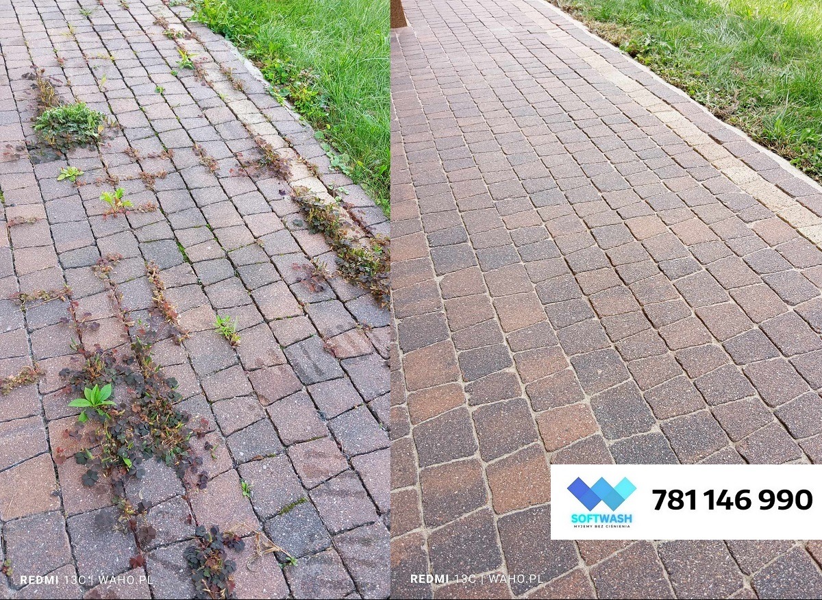 Porównanie kostki brukowej przed i po czyszczeniu, widoczne chwasty między kostkami usunięte, po prawej stronie logo firmy Softwash.