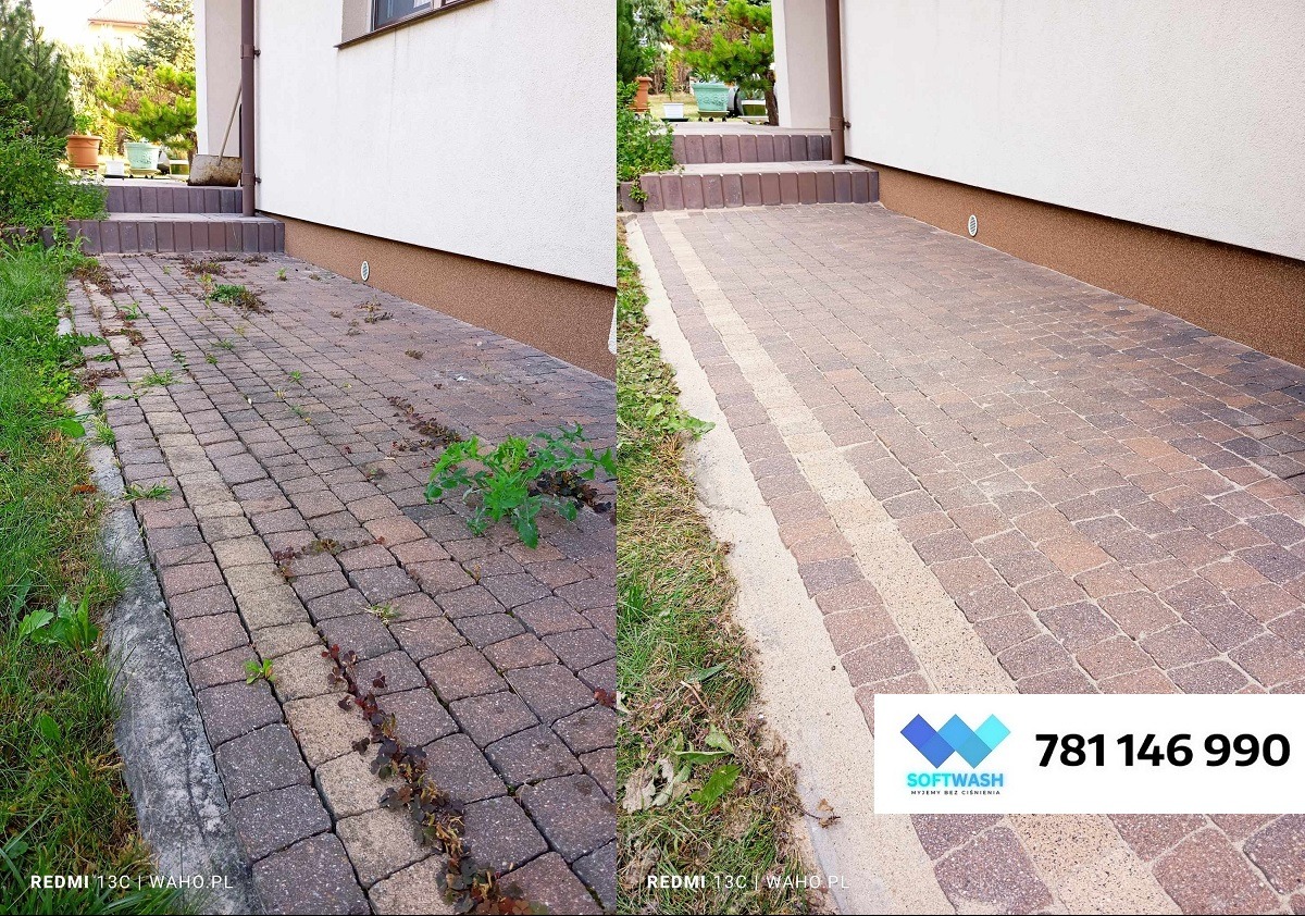 Porównanie stanu kostki brukowej przed i po czyszczeniu: po lewej stronie kostka zarośnięta chwastami, po prawej czysta, z widocznym logo firmy Softwash w prawym dolnym rogu.