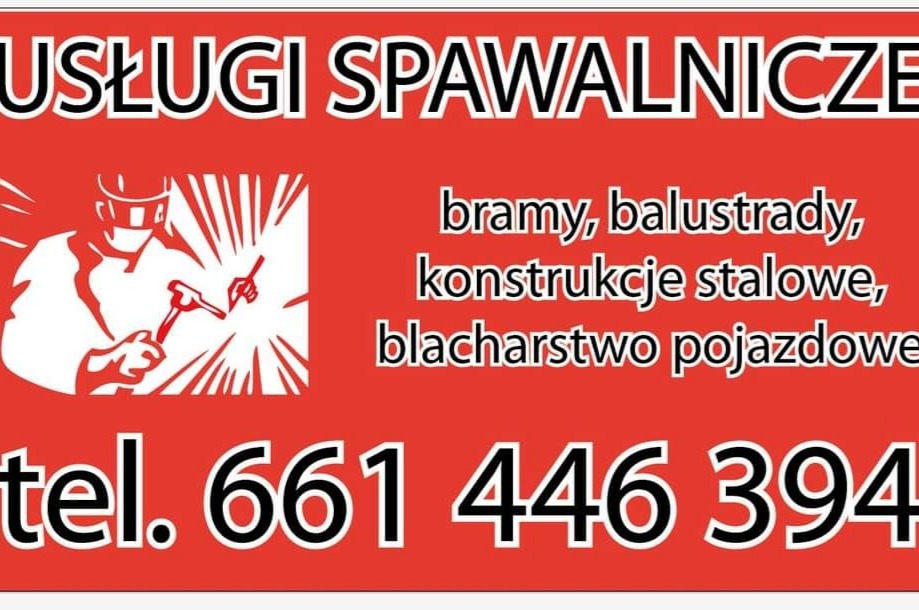 Grafika reklamowa usług spawalniczych z sylwetką spawacza w masce, informacją o bramach, balustradach i konstrukcjach stalowych, oraz numerem telefonu na czerwonym tle.