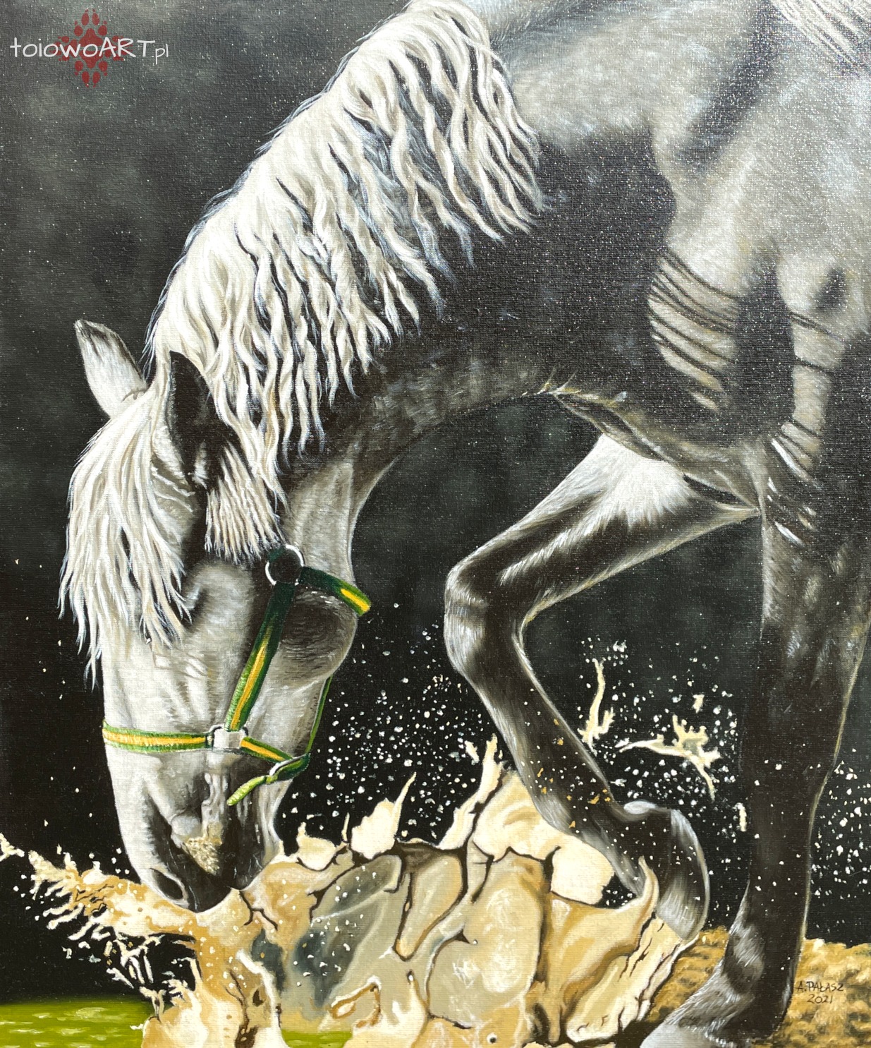 Koń wykonany farbami na płótnie.