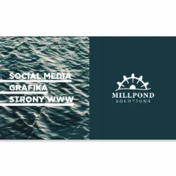 Grafika z motywem falującej wody, napisy: Social Media, Grafika, Strony WWW oraz logo Millpond Solutions na ciemnym tle.