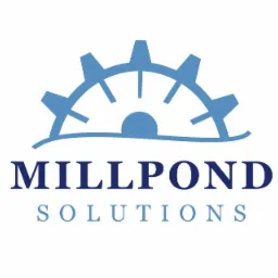 Niebieskie logo firmy Millpond Solutions przedstawiające stylizowaną przekładnię wodną nad nazwą firmy na białym tle.
