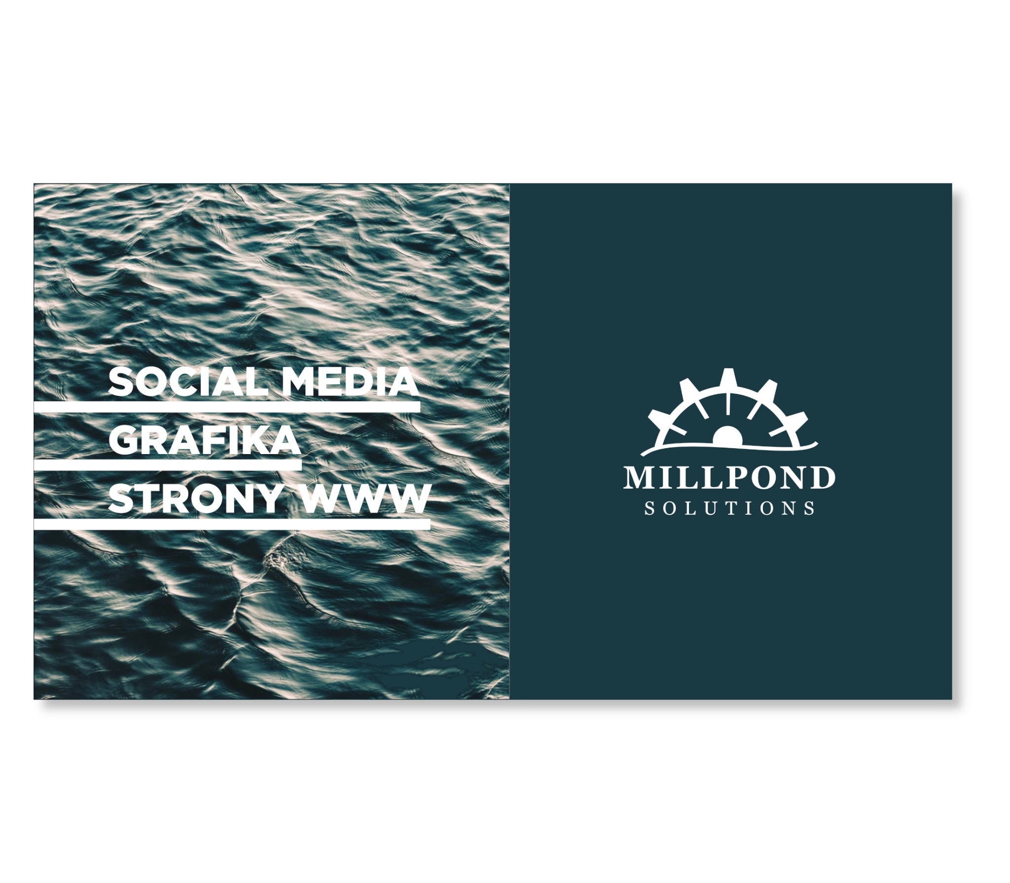 Grafika z motywem falującej wody, napisy: Social Media, Grafika, Strony WWW oraz logo Millpond Solutions na ciemnym tle.