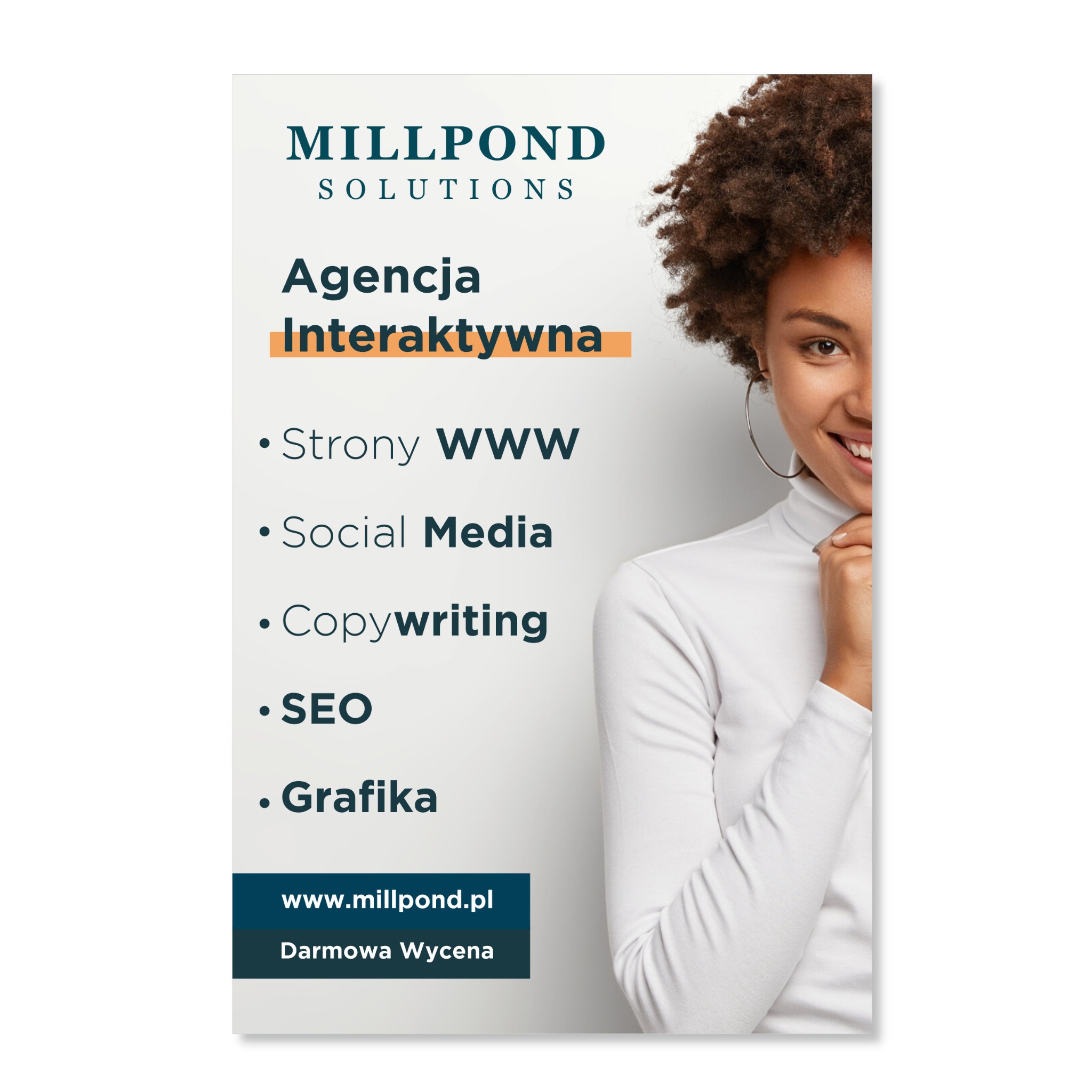 Karta reklamowa Agencji Interaktywnej Millpond Solutions z uśmiechniętą modelką po prawej stronie, prezentująca ofertę: Strony WWW, Social Media, Copywriting, SEO, Grafika oraz darmową wycenę.