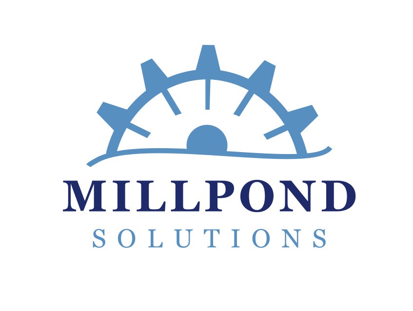 Niebieskie logo firmy Millpond Solutions przedstawiające stylizowaną przekładnię wodną nad nazwą firmy na białym tle.