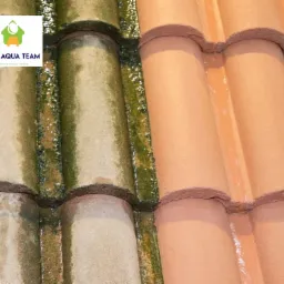 Częściowo oczyszczona dachówka ceramiczna, widoczny kontrast między zabrudzoną, zieloną powierzchnią a czystą, pomarańczową częścią. W lewym górnym rogu widoczne logo firmy Eko Aqua Team.