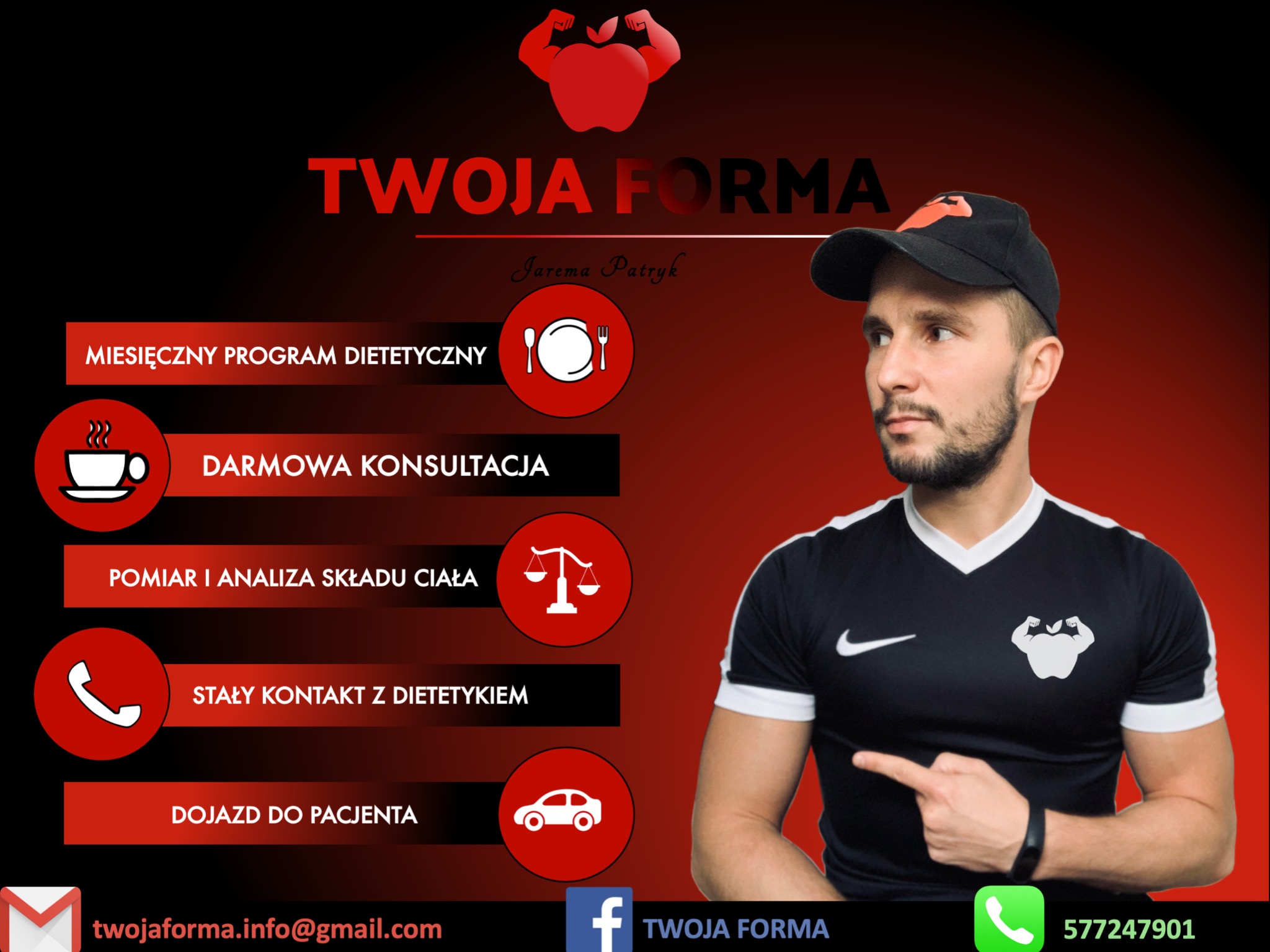 Mężczyzna w czarnej koszulce z logo w kształcie jabłka z bicepsami, w czapce z daszkiem, prezentuje ofertę miesięcznego programu dietetycznego, darmowej konsultacji, pomiaru i analizy składu ciała,...