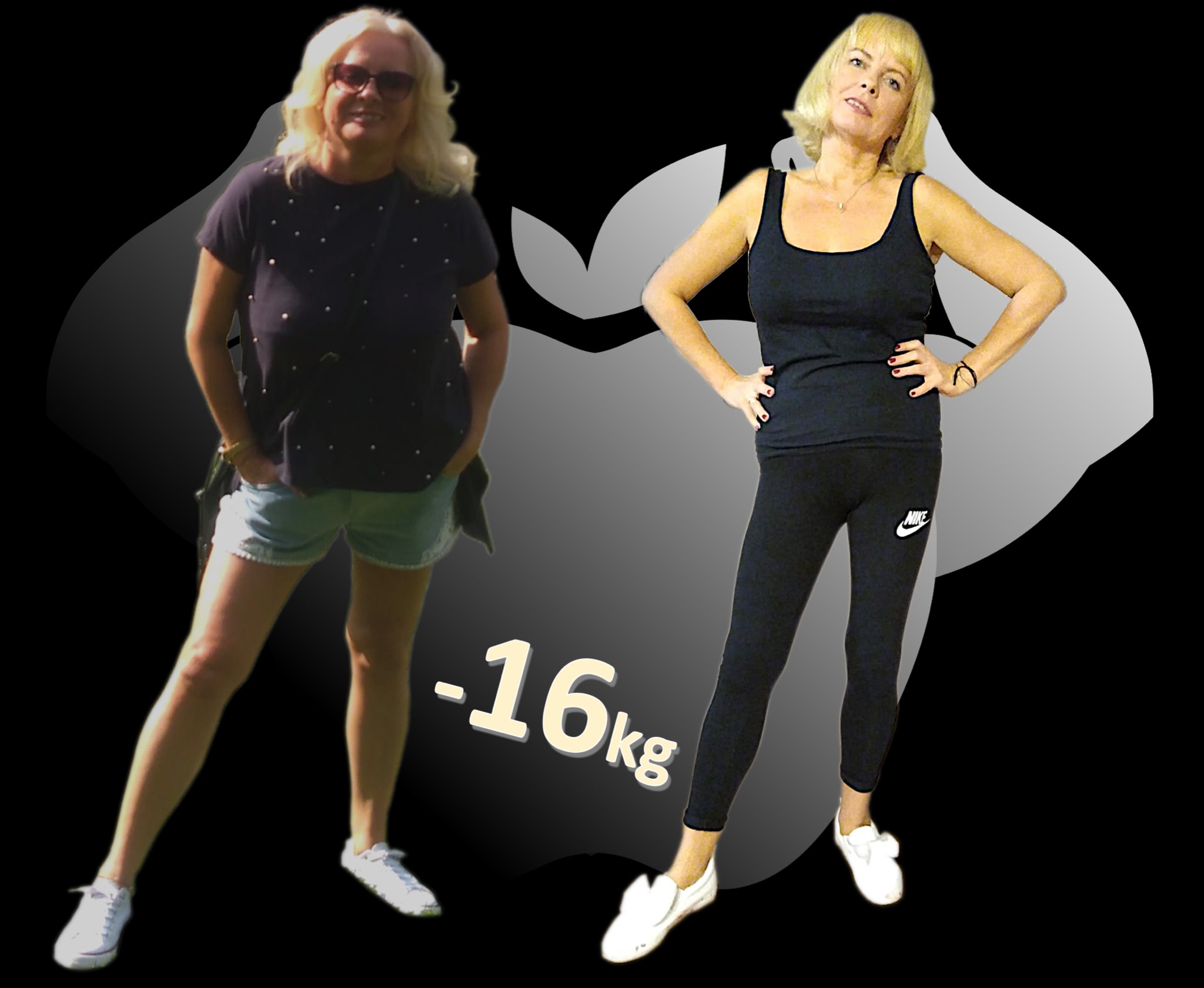 Kobieta prezentująca metamorfozę sylwetki: po lewej stronie w dżinsowych szortach i bluzce w kropki, po prawej w legginsach Nike i topie, z widocznym napisem '-16kg' pomiędzy zdjęciami.