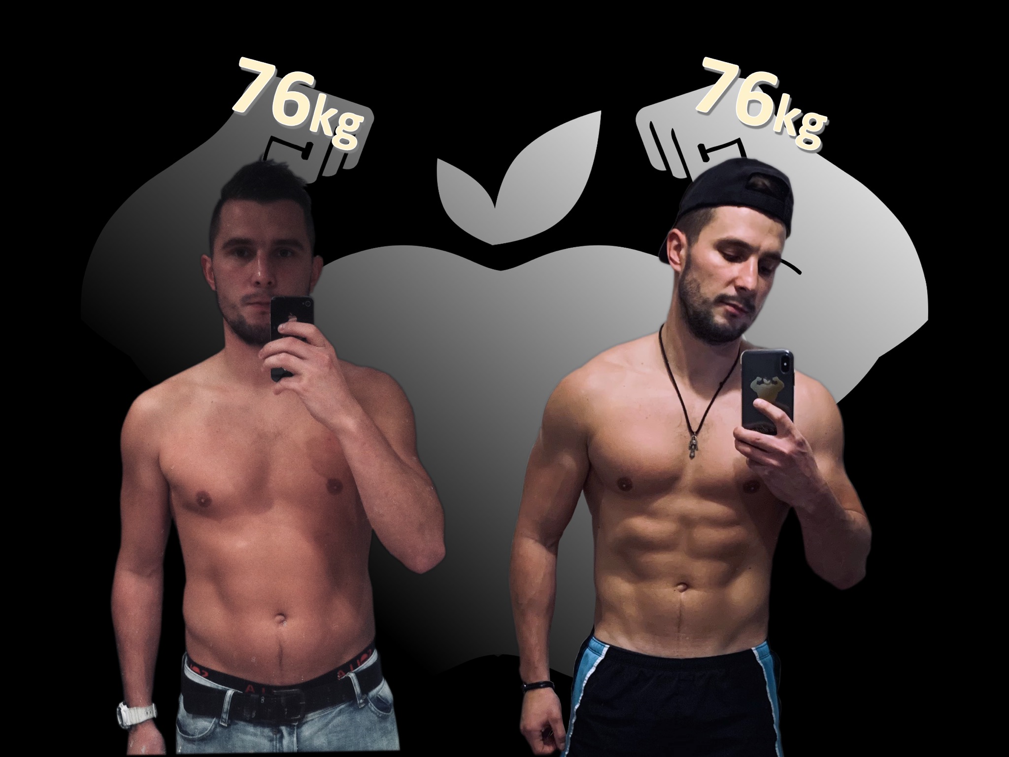 Mężczyzna przed i po transformacji sylwetki, na czarnym tle z grafiką jabłka i napisem '76kg' nad każdą sylwetką.