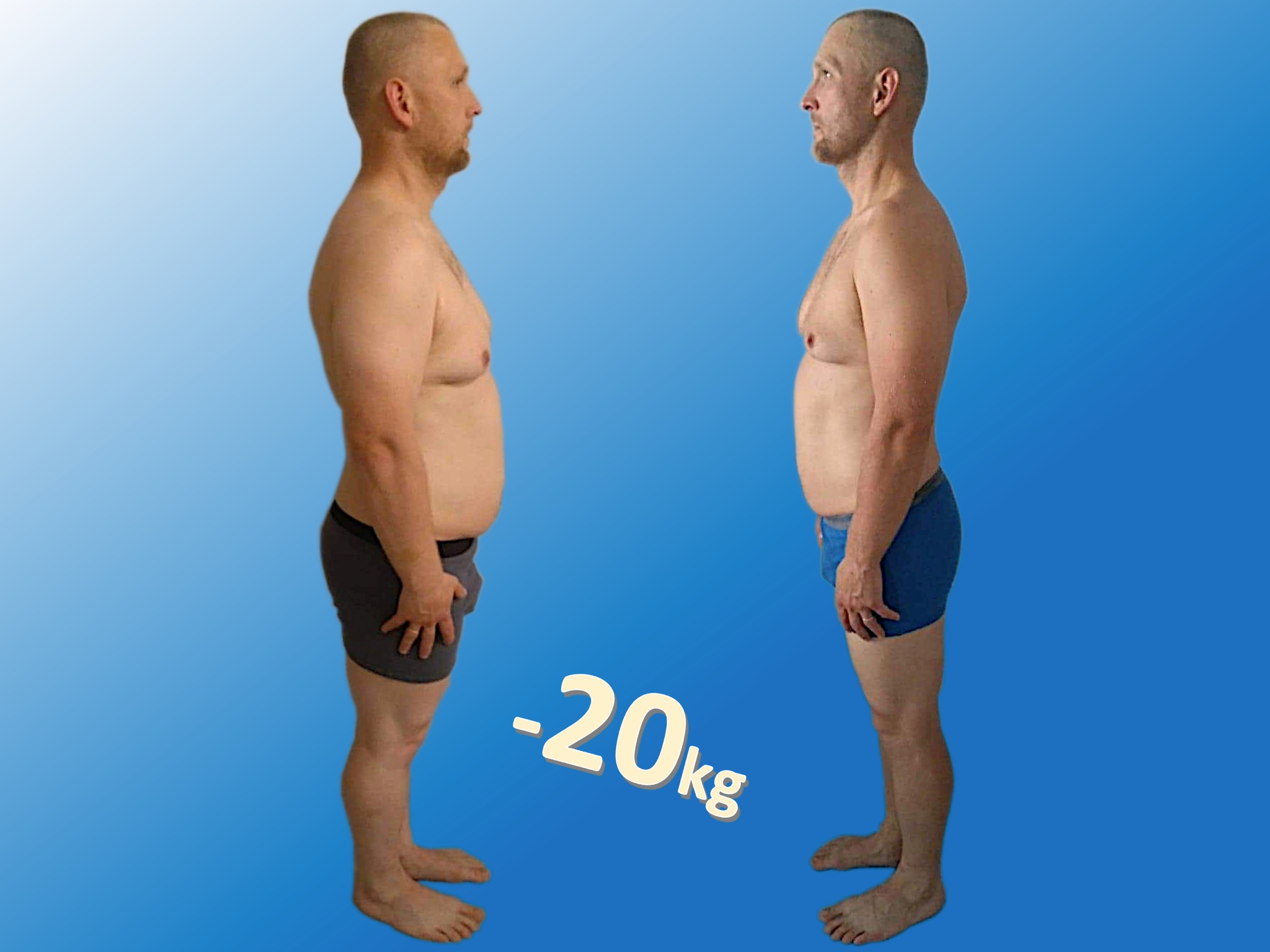Mężczyzna przed i po odchudzaniu, widoczne zmiany sylwetki, utrata 20 kg, porównanie sylwetki z profilu na błękitnym tle.