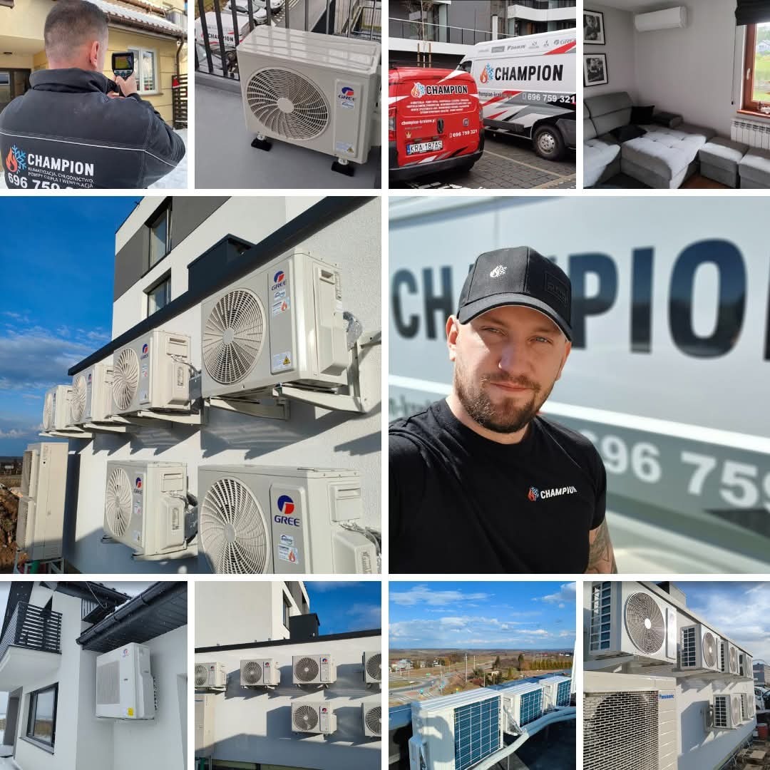 Montaż klimatyzacji: kolaż zdjęć z instalacji zewnętrznych jednostek klimatyzacyjnych różnych marek na budynkach, plus zdjęcie montera z logo firmy.