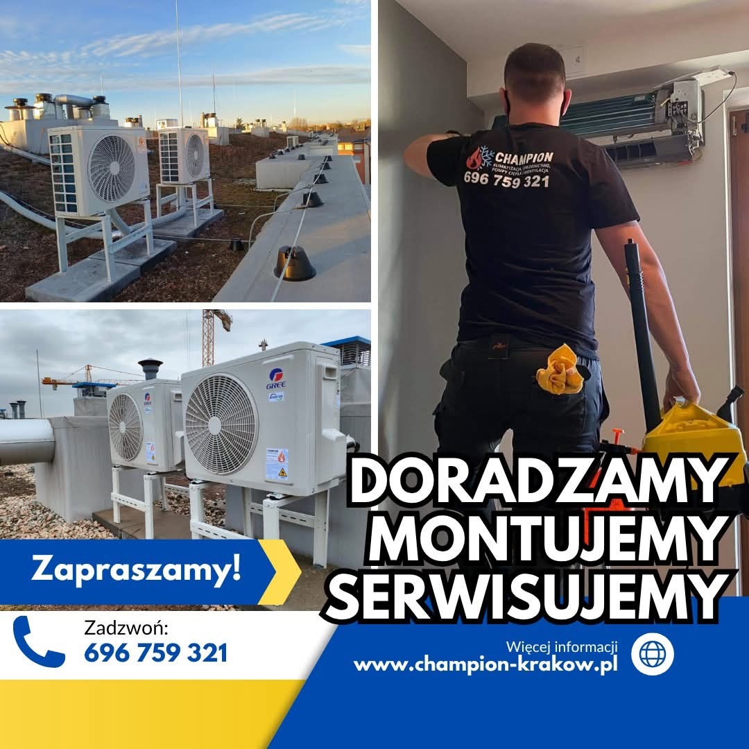 Montaż klimatyzacji: instalacja na dachu budynku komercyjnego i serwis wewnątrz. Pracownik w masce montuje klimatyzator. Reklama firmy z numerem telefonu.