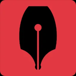 Stylizowana, czarna stalówka pióra na czerwonym kwadratowym tle.