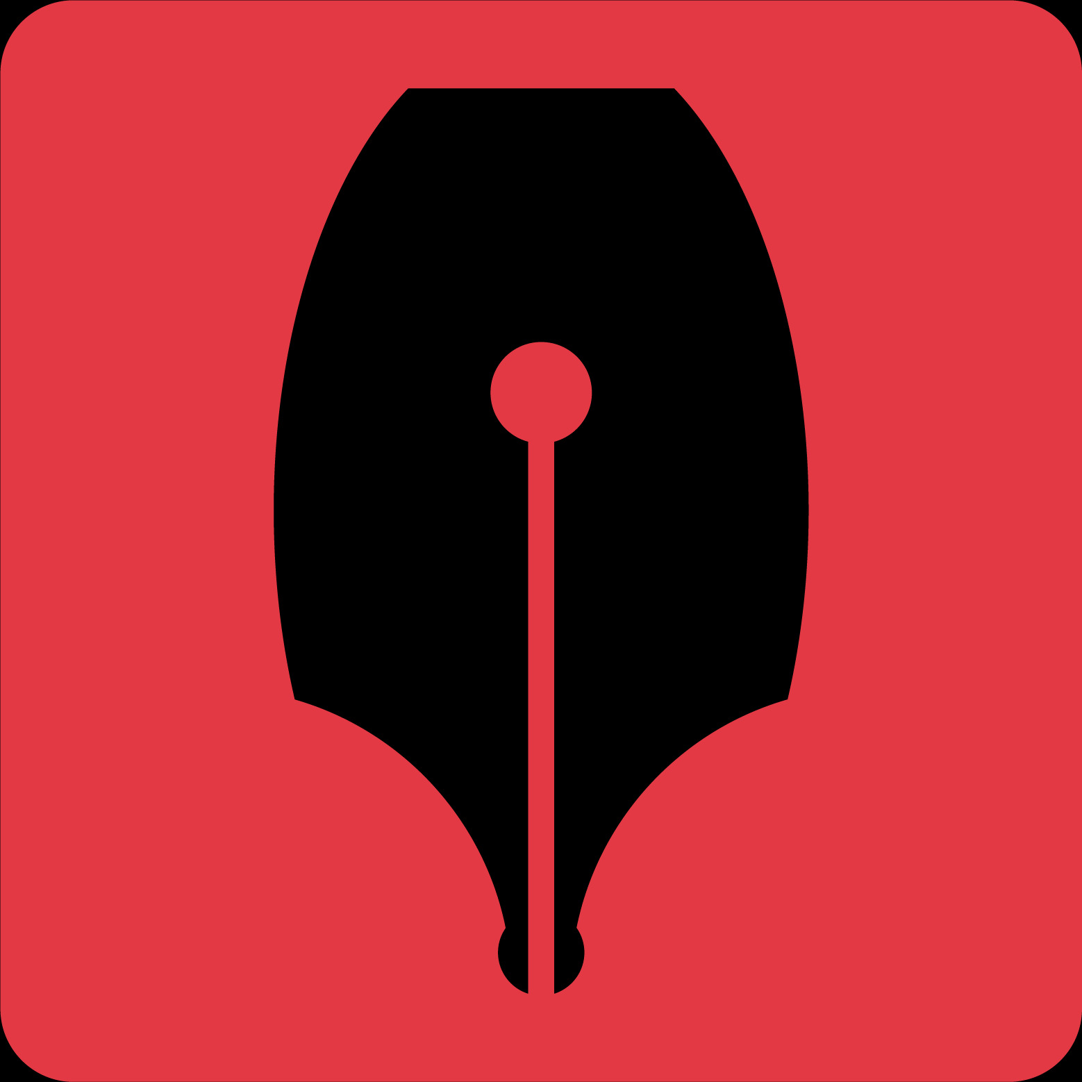 Stylizowana, czarna stalówka pióra na czerwonym kwadratowym tle.