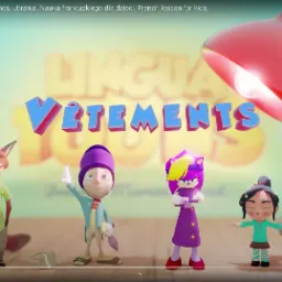 Animowana scena z postaciami z bajek i napisem 'Vêtements' w animacji edukacyjnej prawdopodobnie z Nowego Sącza.