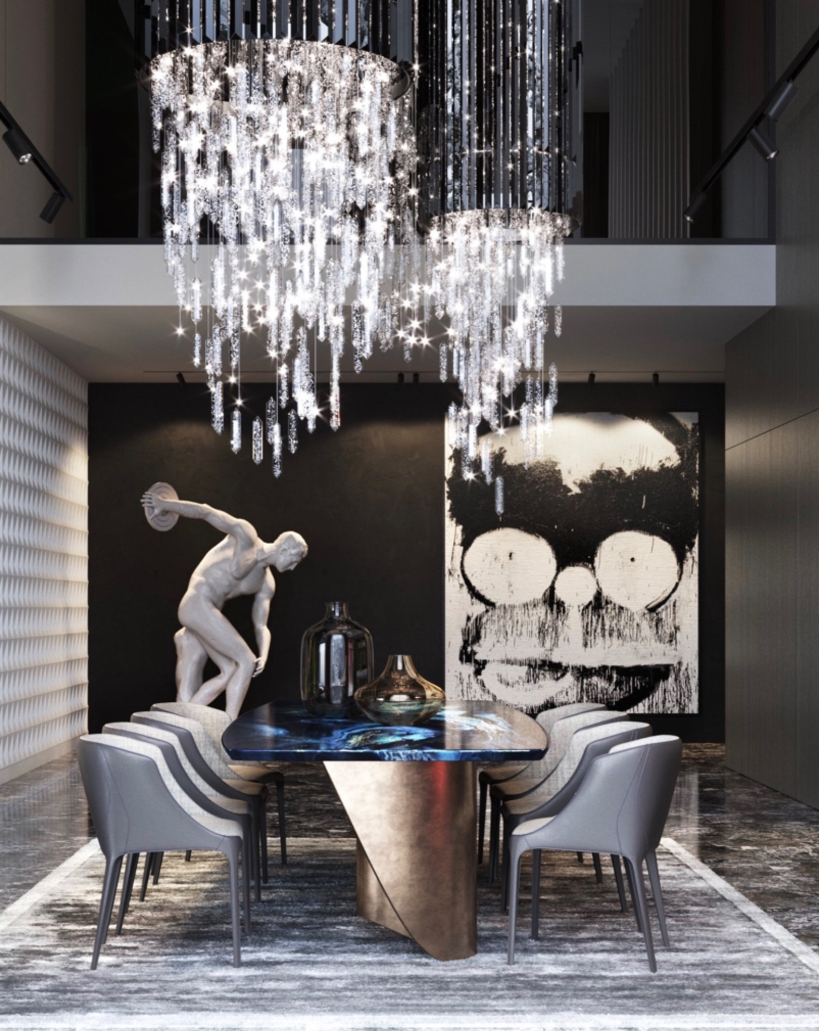 Elegancka jadalnia z marmurową podłogą, kryształowym żyrandolem, rzeźbą dyskobola, abstrakcyjnym obrazem i stołem z blatem imitującym głębię oceanu.
