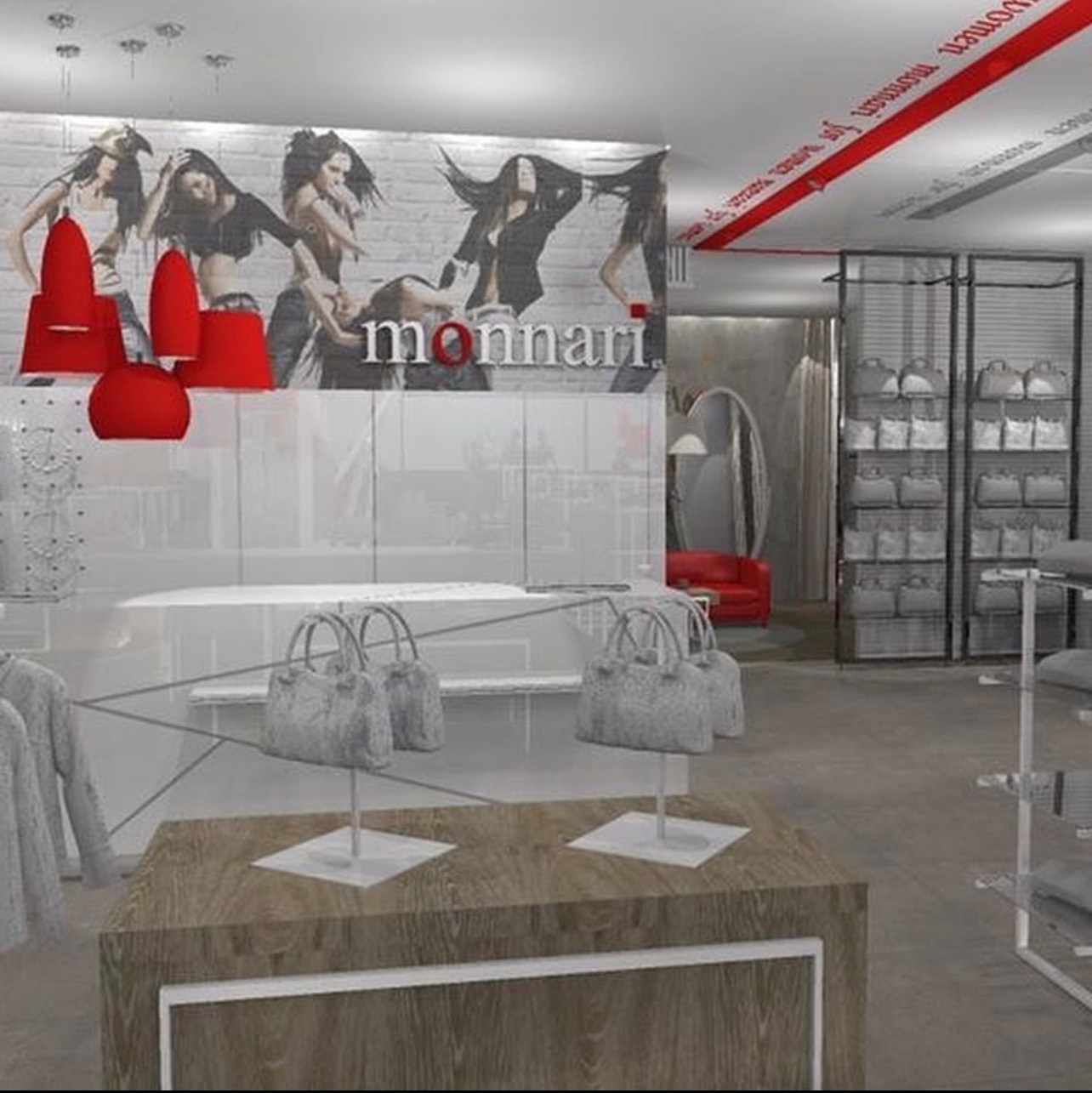 Wizualizacja wnętrza sklepu odzieżowego z jasnymi ścianami, drewnianymi elementami ekspozycyjnymi, czerwonymi lampami i grafiką reklamową marki Monnari na ścianie.