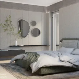 Nowoczesna sypialnia w stonowanej kolorystyce z łóżkiem z zieloną ramą, szarą pościelą i narzutą, asymetrycznymi lustrami na ścianie oraz minimalistyczną komodą z dekoracjami.