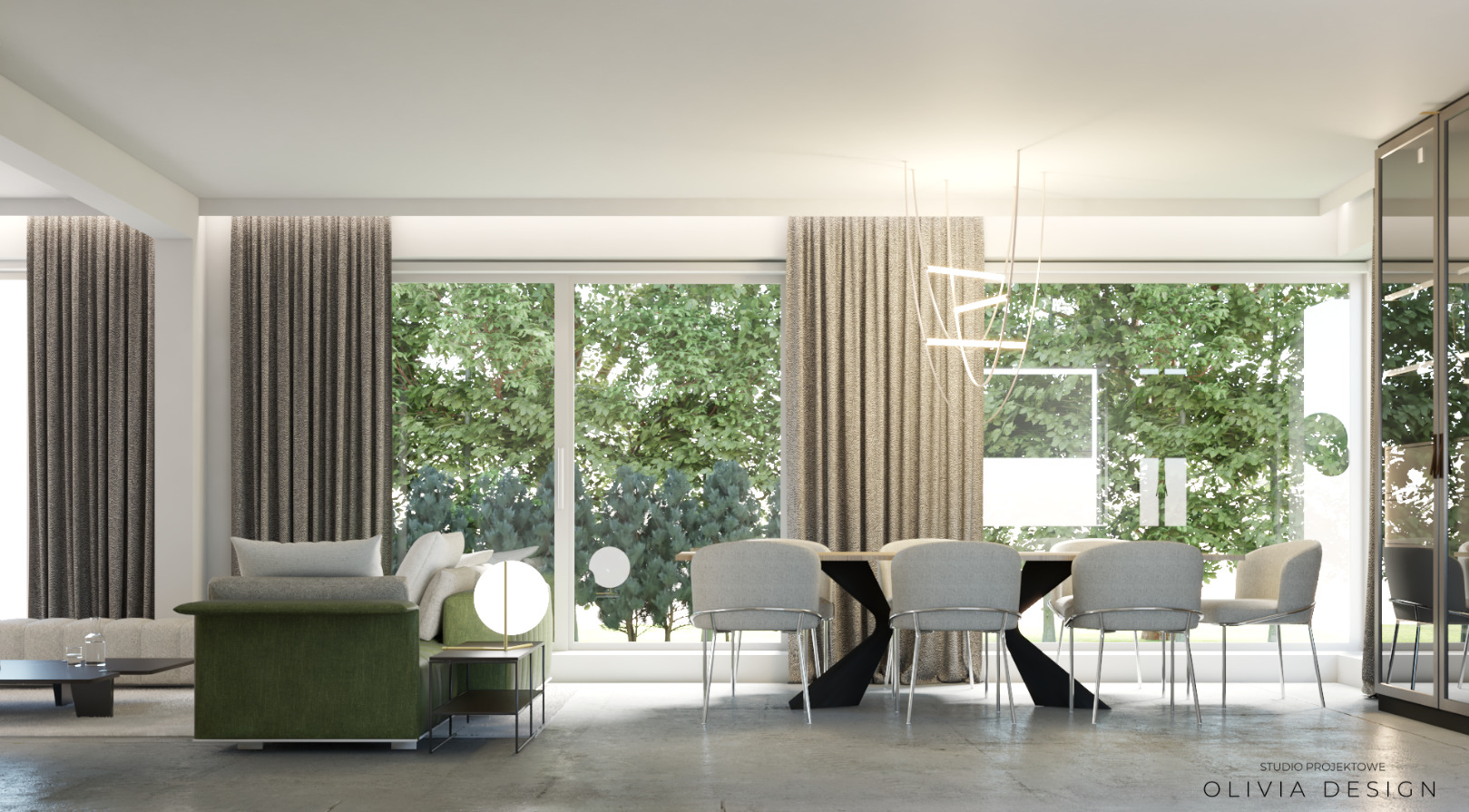 Wizualizacja wnętrza salonu z jadalnią: zielona sofa, stół z czarną podstawą i szarymi krzesłami, duże okna z widokiem na zieleń, nowoczesna lampa wisząca.