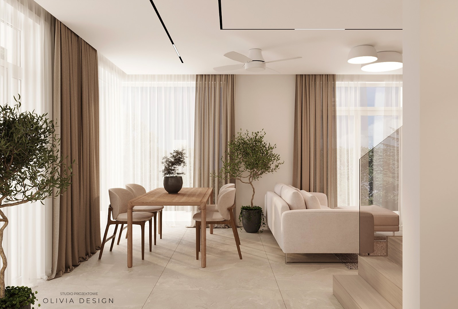 Wizualizacja jasnego salonu w Kobyłce z drewnianym stołem, krzesłami w odcieniach beżu, beżową sofą, roślinami w donicach i minimalistycznym oświetleniem sufitowym.
