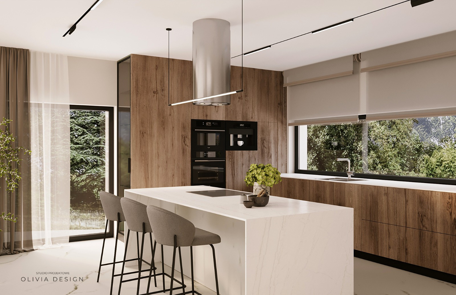 Wizualizacja nowoczesnej kuchni z wyspą, drewnianymi frontami szafek, dużym oknem z widokiem na zieleń i trzema szarymi hokerami przy blacie.