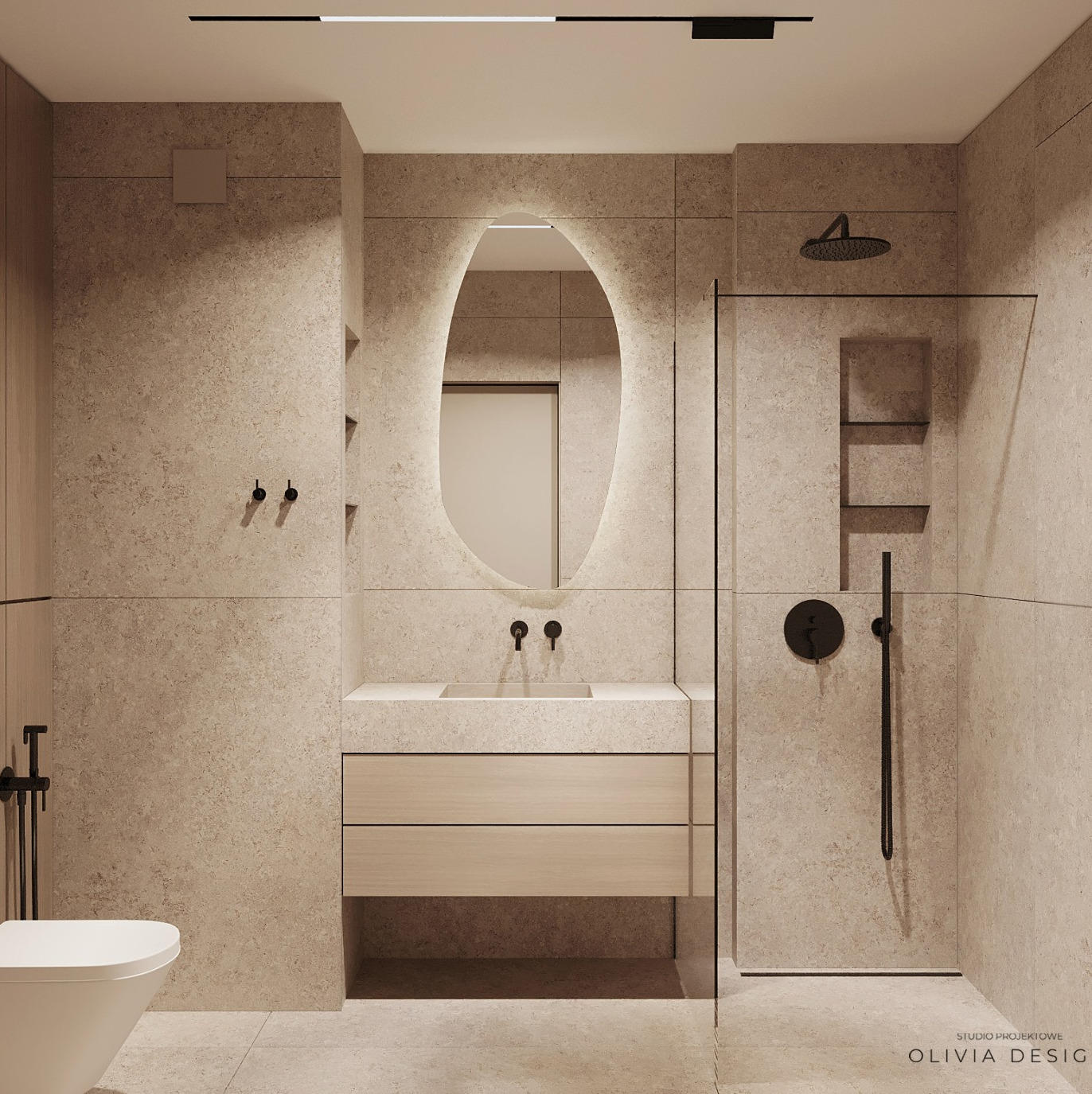 Minimalistyczna łazienka z owalnym lustrem podświetlanym LED, beżowe płytki imitujące kamień, czarna armatura i kabina prysznicowa typu walk-in.