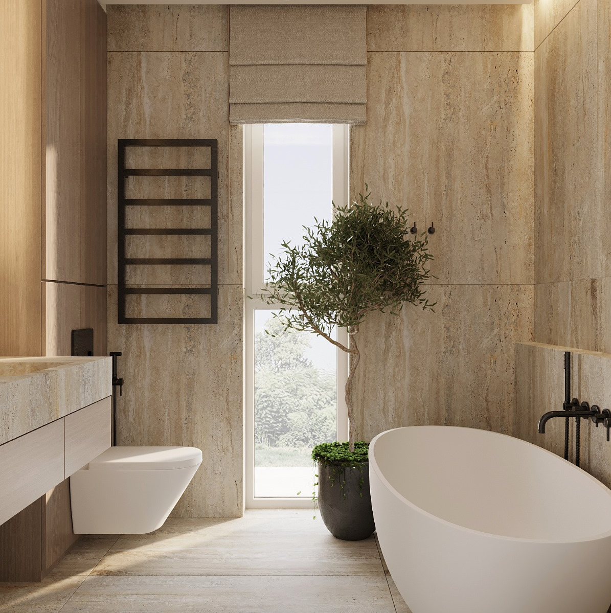 Jasna łazienka w neutralnych barwach z trawertynową okładziną ścian, podwieszaną toaletą, grzejnikiem drabinkowym, wolnostojącą wanną i drzewkiem oliwnym w donicy przy oknie.