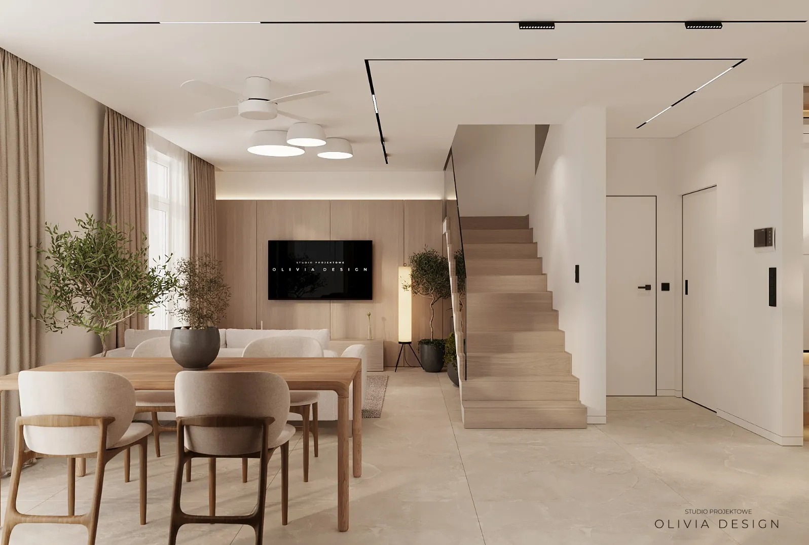 Jasne, przestronne wnętrze domu z drewnianymi schodami, stołem jadalnym z krzesłami i minimalistycznym oświetleniem liniowym na suficie, widok na salon z telewizorem.