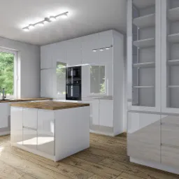 Nowoczesna, minimalistyczna kuchnia z białymi, błyszczącymi frontami i drewnianym blatem, oświetlona listwą LED, z widoczną wyspą kuchenną i drewnianą podłogą ułożoną w deski.