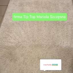Beżowy, puszysty dywan z widocznym napisem 'firma Tip-Top Mariola Szczęsna' nałożonym na zdjęcie, dodatkowo w rogu widoczna naklejka 'inna pralnia' z emotikonami.