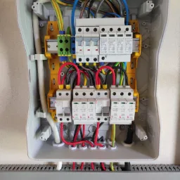 Otwarta skrzynka elektryczna z zamontowanymi ogranicznikami przepięć ETI i Electro-Plast, widoczne kolorowe przewody i szyny montażowe.