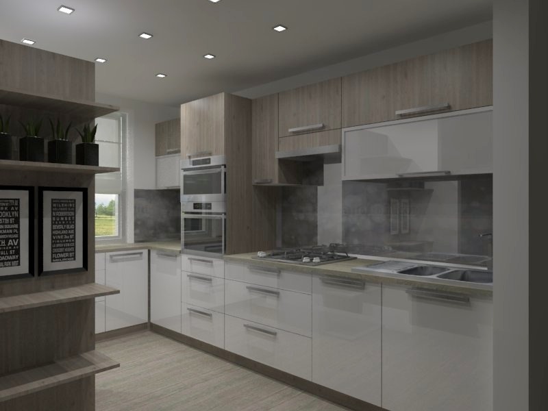 Wizualizacja nowoczesnej kuchni z białymi, błyszczącymi frontami szafek i drewnopodobnymi górnymi szafkami, wyposażona w płytę grzewczą, zlew dwukomorowy i wbudowany piekarnik. Dodatkowo,...