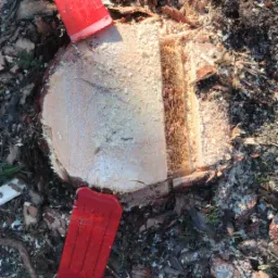 Świeżo ścięty pień drzewa z dwoma czerwonymi klinami do rozłupywania drewna, otoczony korą i trocinami. Widoczne ślady cięcia.