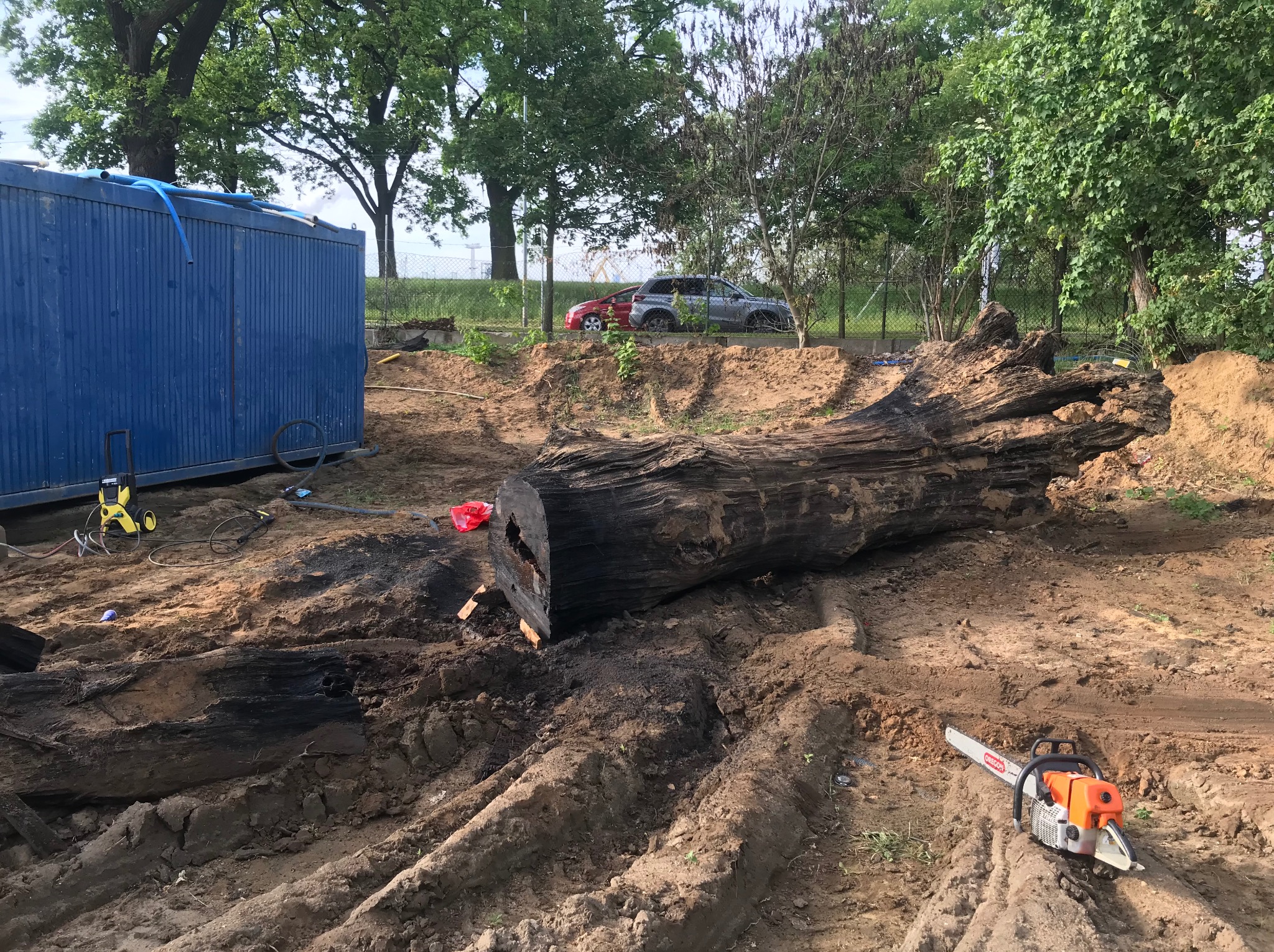 Kłoda po wycince w Bielawie, leżąca na ziemi obok piły łańcuchowej. W tle widoczny kontener i samochody, co sugeruje teren budowy lub składowisko drewna.