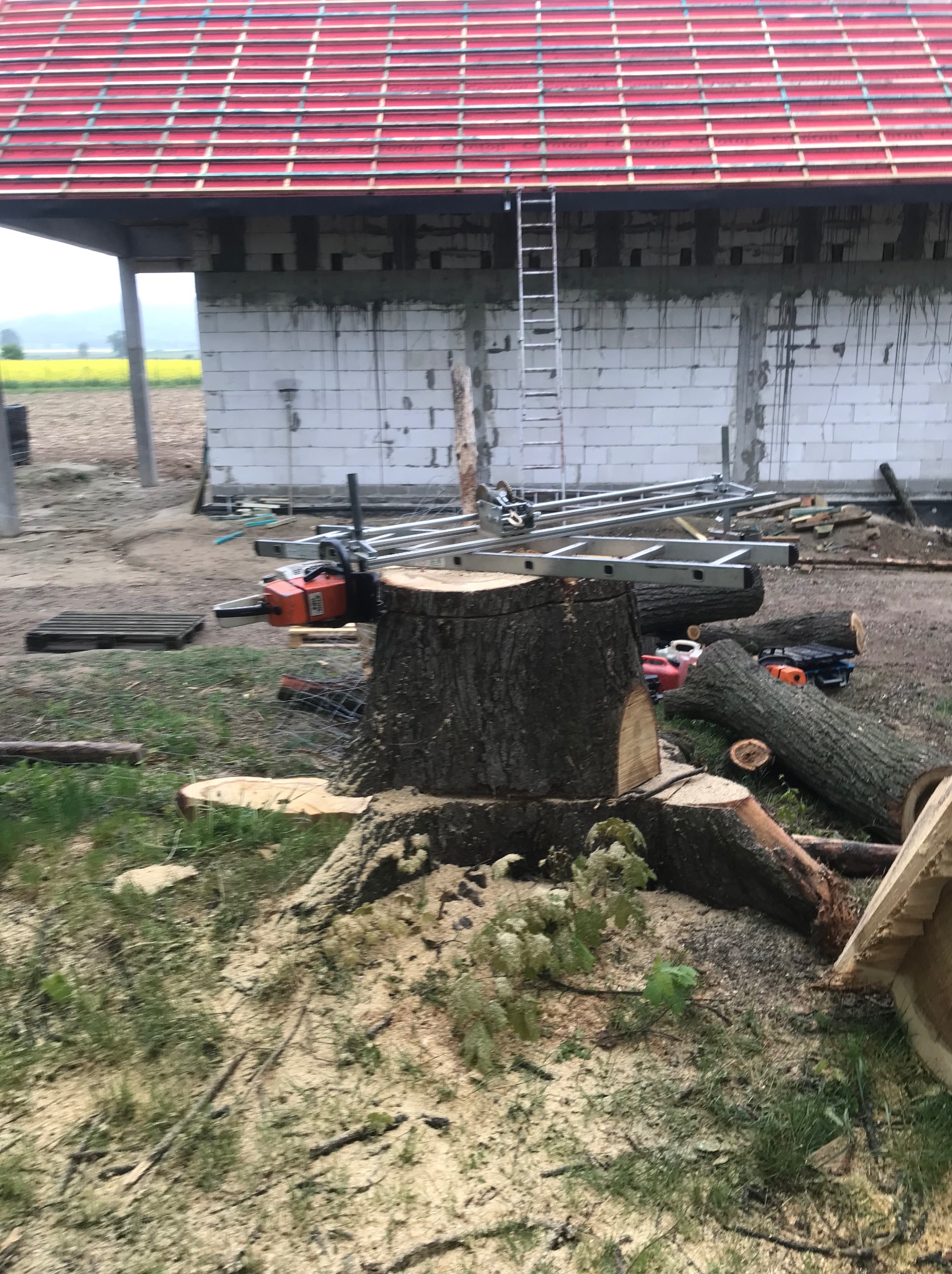 Ścięty pień drzewa z piłą łańcuchową na tle niedokończonego budynku i drabiny. Wokół leżą odcięte kawałki drewna i trociny.