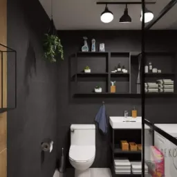 Wizualizacja ciemnej łazienki z drewnianymi akcentami: wiszące rośliny, czarne półki z kosmetykami, toaleta, umywalka i pralka za szklaną ścianką.