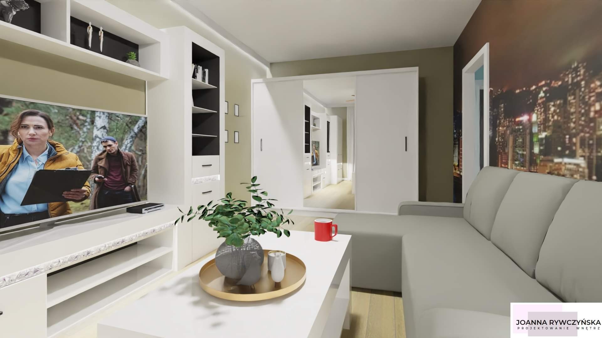 Wizualizacja salonu z białymi meblami, szarą sofą, stolikiem kawowym z dekoracjami i telewizorem z wyświetlanym filmem. W tle widoczna fototapeta z motywem miasta nocą.
