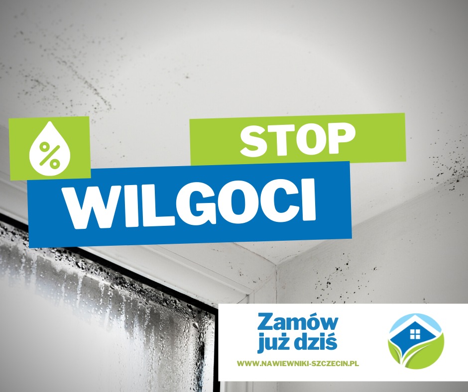 Wilgotna ściana z widocznymi plamami pleśni, naklejone grafiki z hasłem 'STOP WILGOCI' i logo firmy oferującej usługi osuszania.
