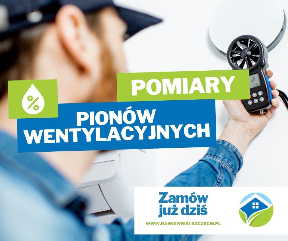 Pomiar prędkości przepływu powietrza w pionach wentylacyjnych za pomocą anemometru, widoczny operator w czapce i fragment kanału wentylacyjnego.