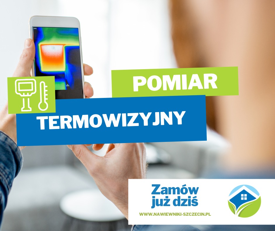 Pomiar termowizyjny na ekranie smartfona, prezentujący rozkład temperatur w pomieszczeniu, z logo firmy w dolnym rogu.