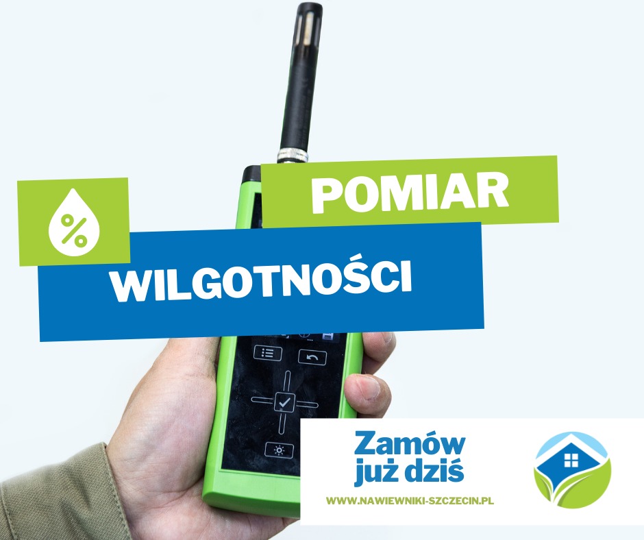 Pomiar wilgotności powietrza za pomocą elektronicznego miernika z zieloną obudową, prezentowany na tle reklamy firmy.