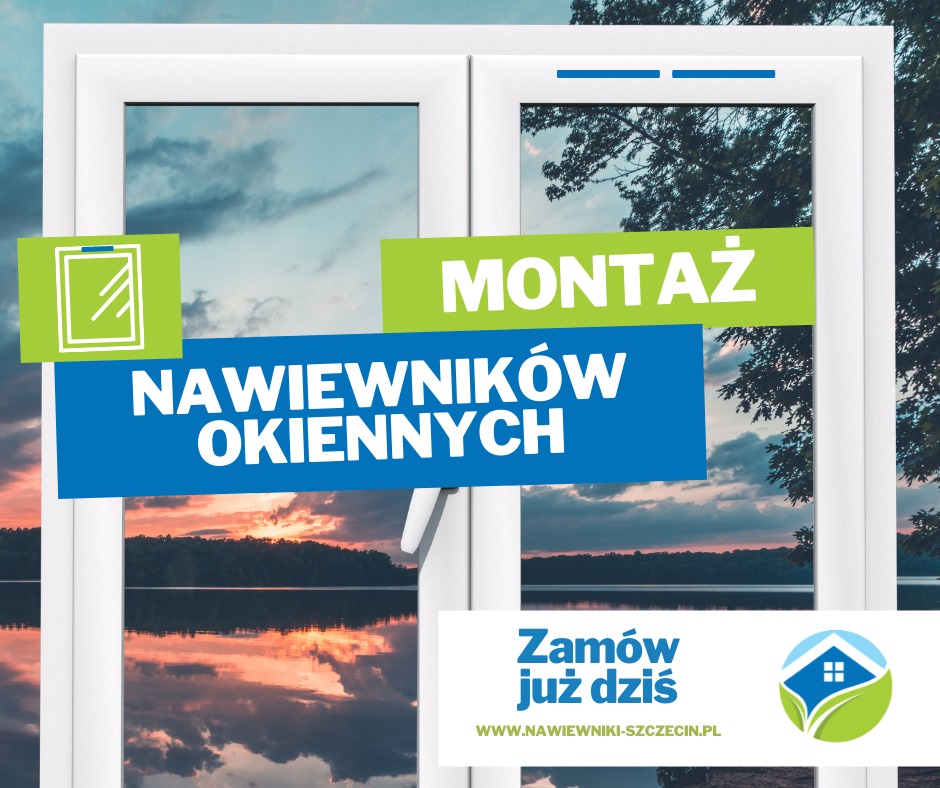 Grafika reklamowa montażu nawiewników okiennych na tle krajobrazu jeziora o zachodzie słońca, z widocznym logo firmy i hasłem 'Zamów już dziś'.