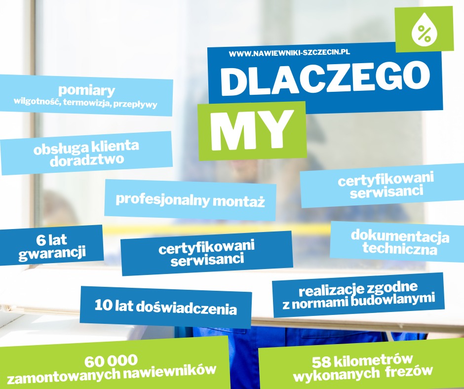 Grafika reklamowa firmy z branży wentylacyjnej, prezentująca hasło 'Dlaczego My' oraz atuty, takie jak profesjonalny montaż, certyfikowani serwisanci, pomiary wilgotności, termowizji i przepływów...