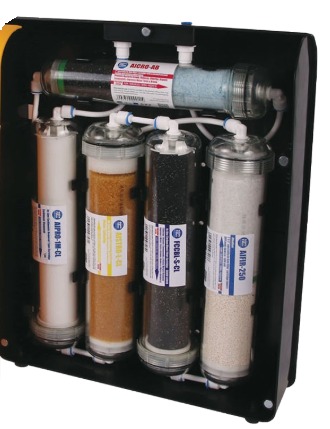 Kompaktowy system filtracji wody z czterema przezroczystymi cylindrami wypełnionymi różnymi materiałami filtracyjnymi, umieszczony w czarnej obudowie.