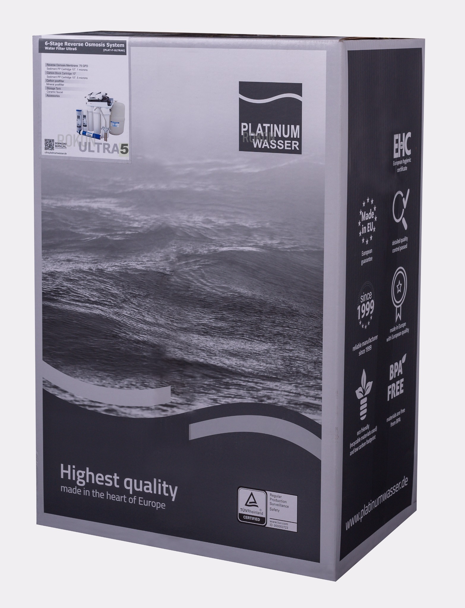 Opakowanie systemu filtracji wody odwróconej osmozy Platinum Wasser Ultra 6 z certyfikatami jakości i informacjami o produkcji w Europie.